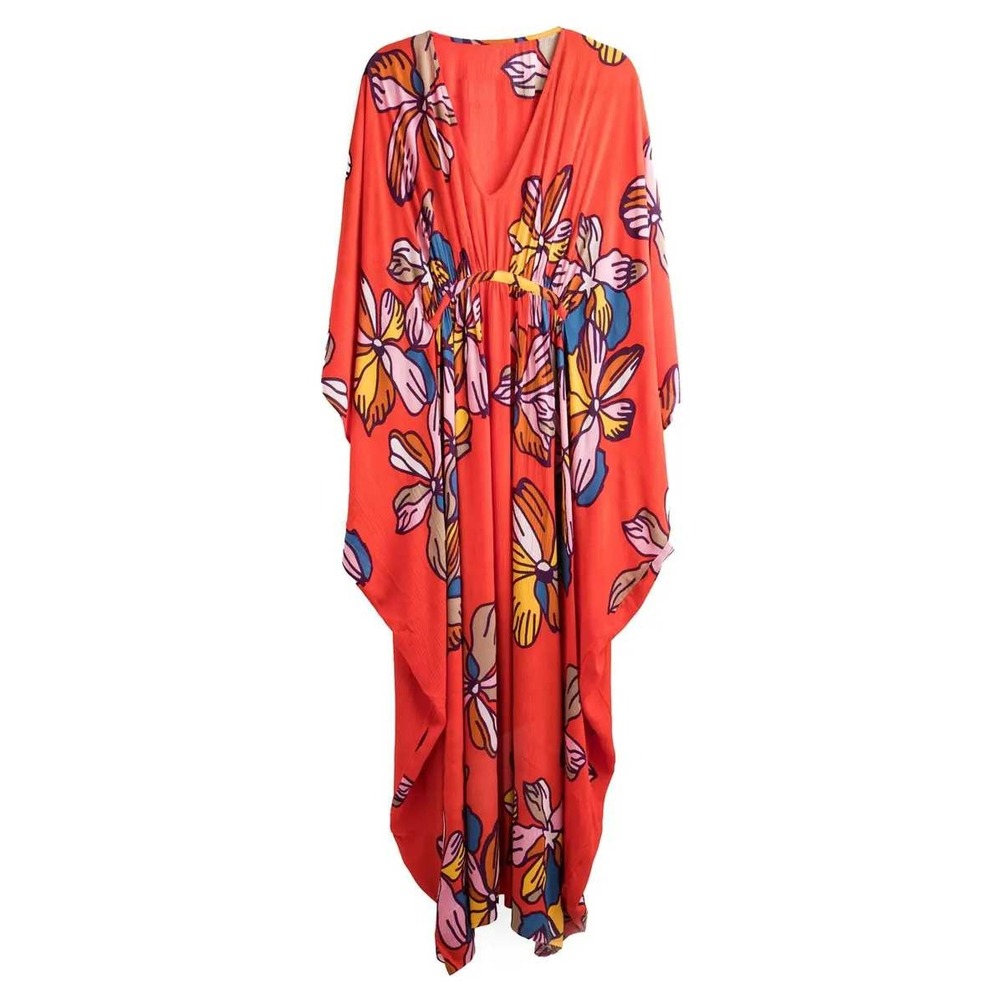 Saachi Tropical Floral Print Maxi Kaftan Dress Orange V-Neck Resortwear One Size - Picture 4 of 6